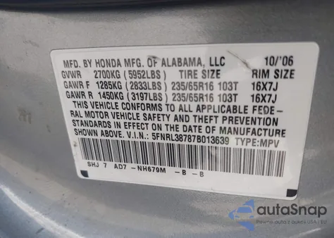 2007 Honda Odyssey Ex-L from USA, damaged, VIN 5FNRL38787B013639